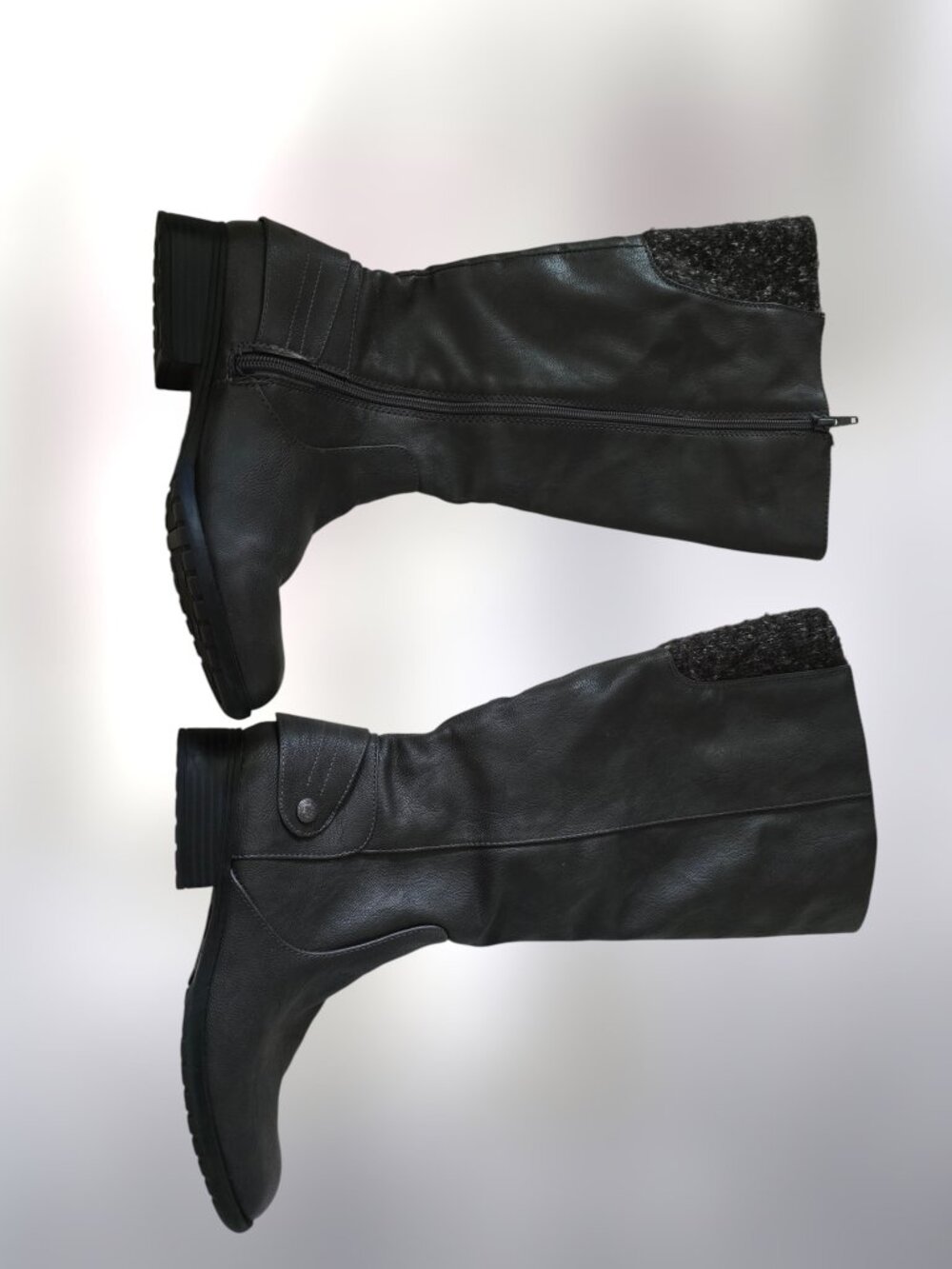 Women's Wide-Calf Charcoal Gray Knee-High Faux Leather Boots with Knit Cuff